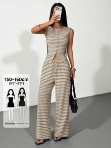 SHEIN PETITE 2件組女款休閒米色前扣長袖上衣與寬腿長褲套裝，夏季兩件式套裝，小碼居家度假旅行穿搭 - 彩色 - 查看 2