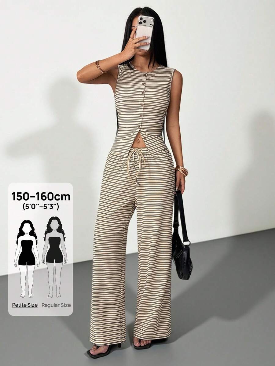 SHEIN PETITE 2件組女款休閒米色前扣長袖上衣與寬腿長褲套裝，夏季兩件式套裝，小碼居家度假旅行穿搭