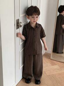 Hapijoa Young Boy Striped Polo Shirt And Straight Leg Pants Set - Brown - View 5