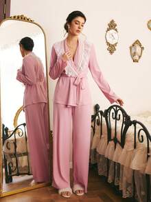 Côtesoire Southern French Court Romantic Casual Lace Patchwork Long Sleeve Pants Pajama Set For Women - Dusty Pink - View 5