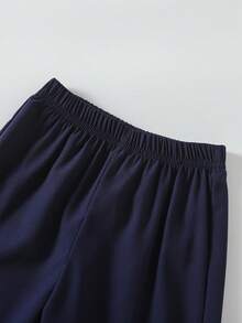 SHEIN 2件組基礎休閒慵懶純色套裝，馬匹印花，不對稱下擺，圓領短袖T恤，白色與棕色紋理直筒長褲 - 寶藍色 - 查看 3