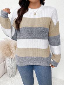 SHEIN Frenchy 大码女式休闲宽松圆领长袖毛衣条纹毛衣女式针织毛衣秋季女式毛衣女式套头毛衣拼色毛衣 - 卡其色 - 查看 4
