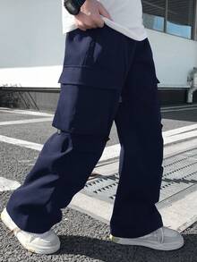 兒童青少年男孩休閒日常舒適印花直筒寬鬆梭織長褲，適合學校、花園、海灘、生日，春夏秋冬四季皆宜 - 藏蓝色 - 查看 5