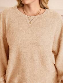 EMERY ROSE Plus Size Women Solid Color Round Neck Drop Shoulder Long Sleeve Casual Loose Sweatshirt - Apricot - View 5