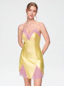 Bonmuse 1件女款性感細肩帶睡裙，絲滑緞面睡衣，蕾絲飾邊對比色睡裙，四季適用 - 黃色 - 查看 5