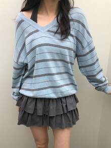 DAZY Sweater Rajut Wanita Lengan Panjang Longgar Berkerah V Motif Garis-Garis Blok Warna, Kasual untuk Liburan Musim Semi/Gugur - Biru - View 4