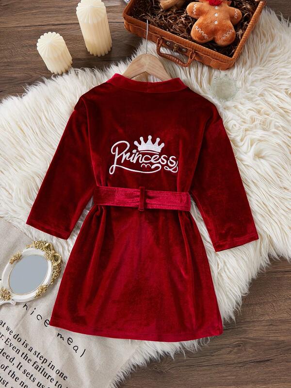 Autumn/Winter Girls Pajamas, Red Satin Back Princess Word Embroidery, Premium Satin Satin Elegant Long Sleeve Long Robe With Tie, Loungewear