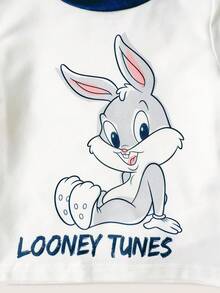 LOONEY TUNES X SHEIN 男嬰圓領字母卡通印花短袖上衣與短褲休閒日常居家睡衣套裝 - 彩色 - 查看 4