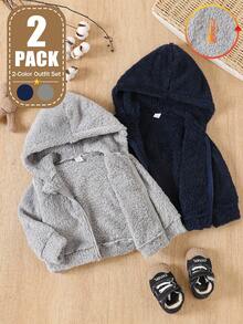 SHEIN Playful Pals 嬰兒雙面絨毛連帽外套，嬰兒秋冬保暖內裡加厚上衣，海軍藍/灰色，柔軟百搭適合日常穿著 - 彩色 - 查看 3