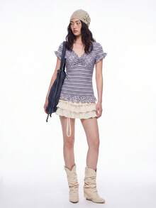 Bloopia Knit Striped Patchwork Grey Leopard Print Short Sleeve Top T-Shirt Summer Y2k Cute Date Night Everyday Autume/Winter Halloween - Multicolor - View 8