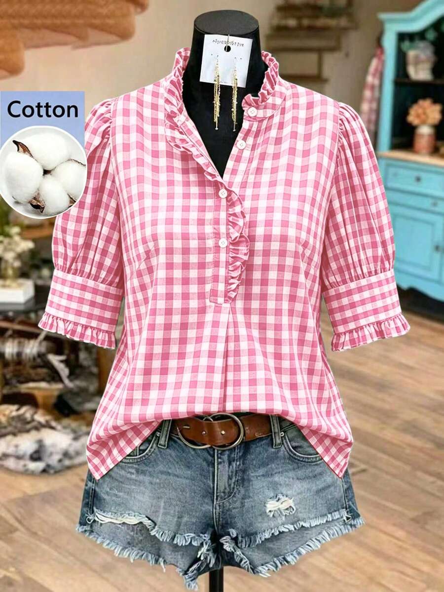 Linhara Blus Wanita Ukuran Besar untuk Musim Panas dengan Hiasan Ruffle Motif Kotak-kotak Hijau, Atasan Kotak-kotak Hijau - Berwarna merah muda - View 1