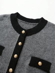 GlowEve CURVE Plus Size Women's Long Sleeve Gold Button Contrast Trim Knit Cardigan - Grey - View 3