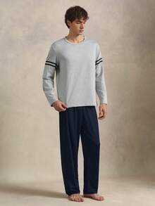 EverLounge 男士条纹圆领长袖上衣和裤子睡衣套装，秋冬服装 - 彩色 - 查看 4