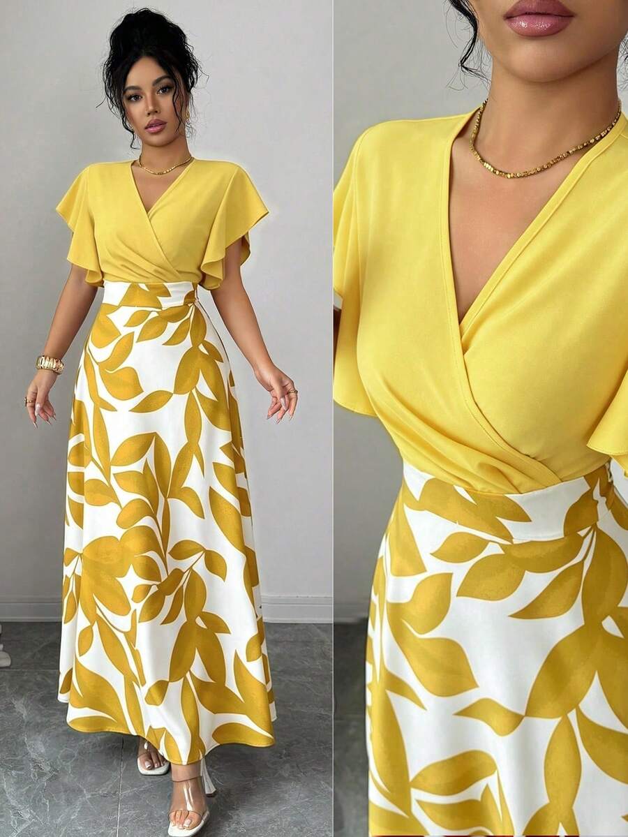 Elenzga Women's Elegant Burgundy Red Leaf Pattern Ruched Cap Sleeve Fitted Flared Dress, Spring/Summer - Yellow - View 1