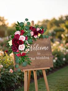2Pcs Artificial Burgundy Wedding Flowers Bouquet, Silk Arch Decoration For Welcome Board, Versatile Party Birthday Opening Ceremony Decor - Multicolor - View 2