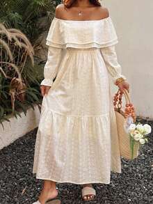 DAZY Autumn/Winter Ruffle Ruffle Long Sleeve Cinched Waist Hollow Embroidery Cotton Fabric Pastoral Style Women's Midi Dress - Apricot - View 3