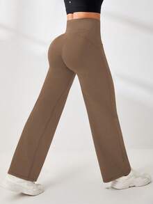 SHEIN Sports Women's Solid Color High Waist Pockets Sports Long Pants - Khaki - View 2