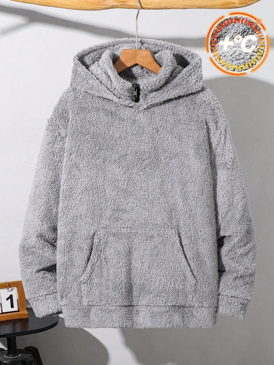 SHEIN 青少年男孩寬鬆版秋季衛衣,雙層領學院風冬季街頭穿搭,返校季 - 灰色 - 查看 1