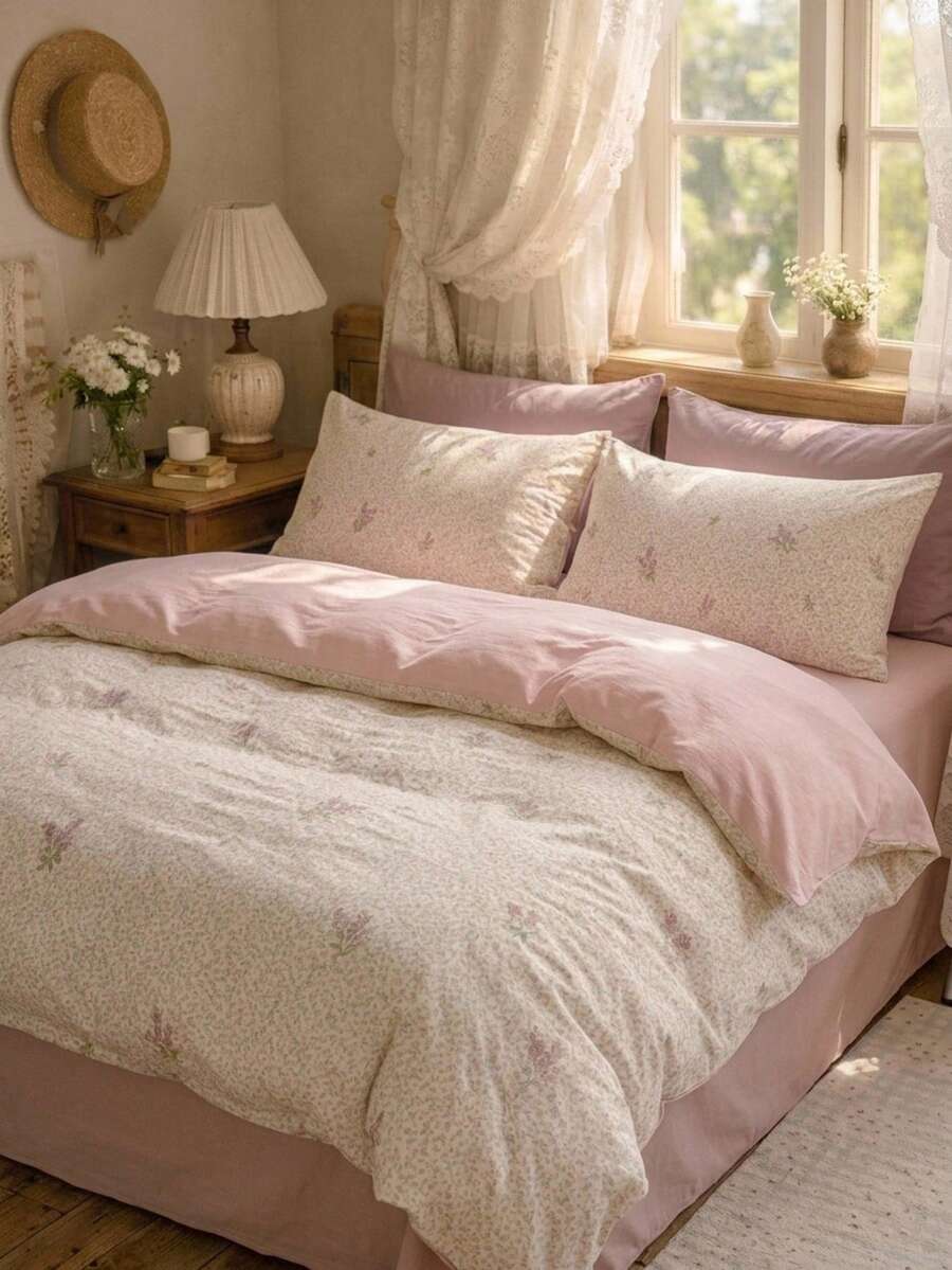 Cirelle 3pcs Floral Duvet Cover Set - Soft Polyester Pink Reversible Bedding Set - Aesthetic Cottagecore Floral Quilt Cover With 2 Pillow Shams (No Insert) - Multicolor - View 1
