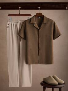 Core Aspect Vintage Solid Color Bubble Textured Woven Cuban Collar Loose Drop Shoulder Short Sleeve Shirt & Drawstring Straight Leg Long Pants 2pcs Set - Multicolor - View 1