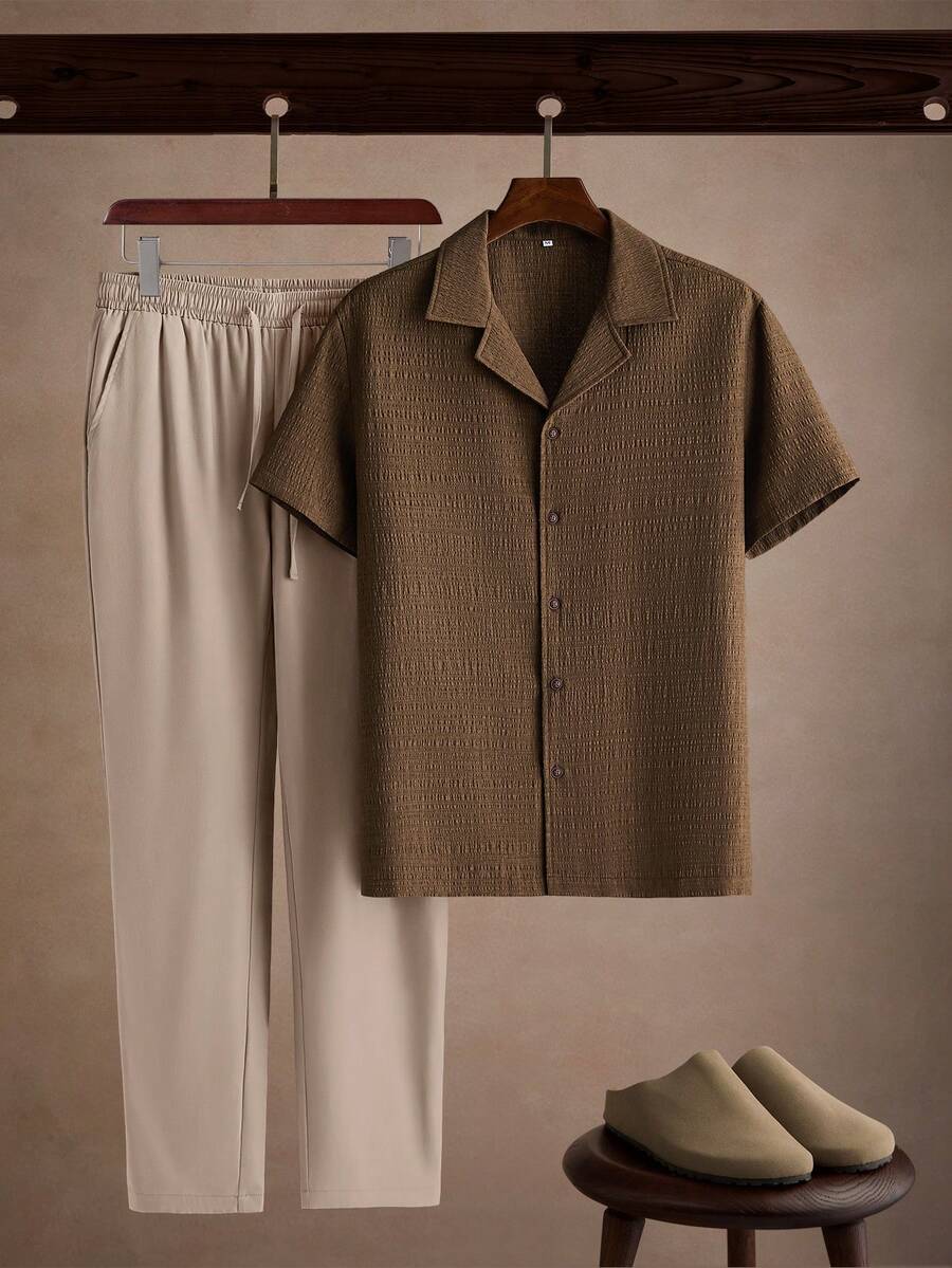 Core Aspect Vintage Solid Color Bubble Textured Woven Cuban Collar Loose Drop Shoulder Short Sleeve Shirt & Drawstring Straight Leg Long Pants 2pcs Set - Multicolor - View 1