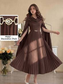 Modelyn Women's Solid Color Metal Decor Ruched Waist Long Sleeve Side Slit Deep Brown Dress, Elegant For Parties And Various Occasions - Dark Brown - View 6