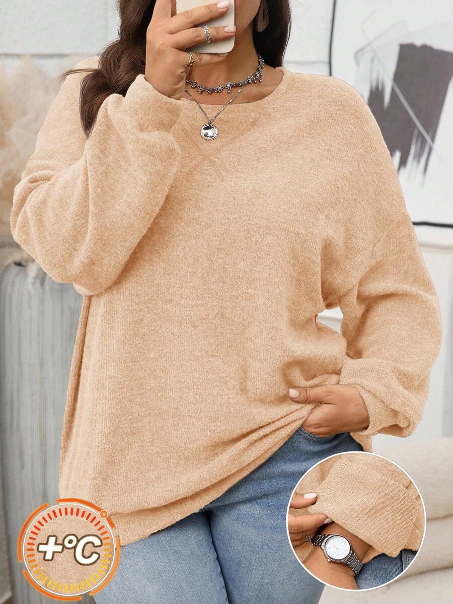 EMERY ROSE Plus Size Women Solid Color Round Neck Drop Shoulder Long Sleeve Casual Loose Sweatshirt - Apricot - View 1