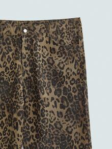 Celana Jeans Pria Model Retro Amerika Motif Leopard Ukuran Besar Potongan Longgar Lurus, Desain High Street - Coklat - View 7