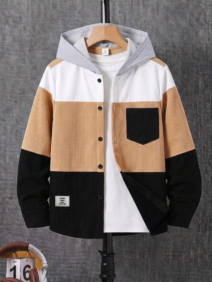 SHEIN 大童男孩休閒拼色拼接連帽襯衫,附口袋,適合秋冬春季,適合戶外玩耍、上學、街頭穿搭、派對與居家休閒,高 CP 值 - 卡其色 - 查看 1