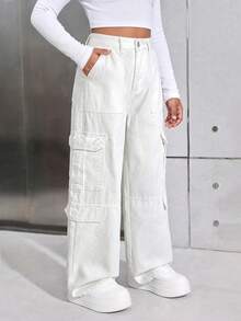 SHEIN Celana Jeans Kargo Lurus Longgar Pinggang Tinggi Saku Lipat Gaya Y2K Musim Semi/Panas untuk Remaja Perempuan, Streetwear untuk Kembali ke Sekolah, Celana Panjang Lebar Gaya Boho untuk Pantai, Konser, Rave, Festival, Wisuda - Putih - View 3