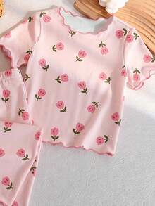 SHEIN 【随机3套，寄送1套】女婴睡衣，甜美蜜蜂、草莓、碎花荷叶边圆领短袖上衣和长裤两件套家居服，春夏四季皆宜 - 彩色 - 查看 4