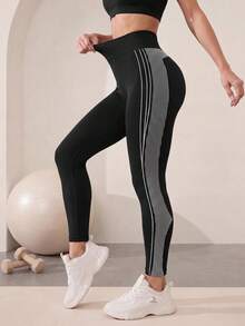 Easithlete Women's Colorblock Casual Essential Low Waist Daily Wear Sports Leggings Gym Pilates Black Summer - Black - View 1