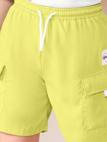 SUMWON Conjunto coordinado de verano para niños con camiseta oversize de cuello redondo y mangas cortas, y pantalones cortos con puntada de contraste - Amarillo - Ver 6