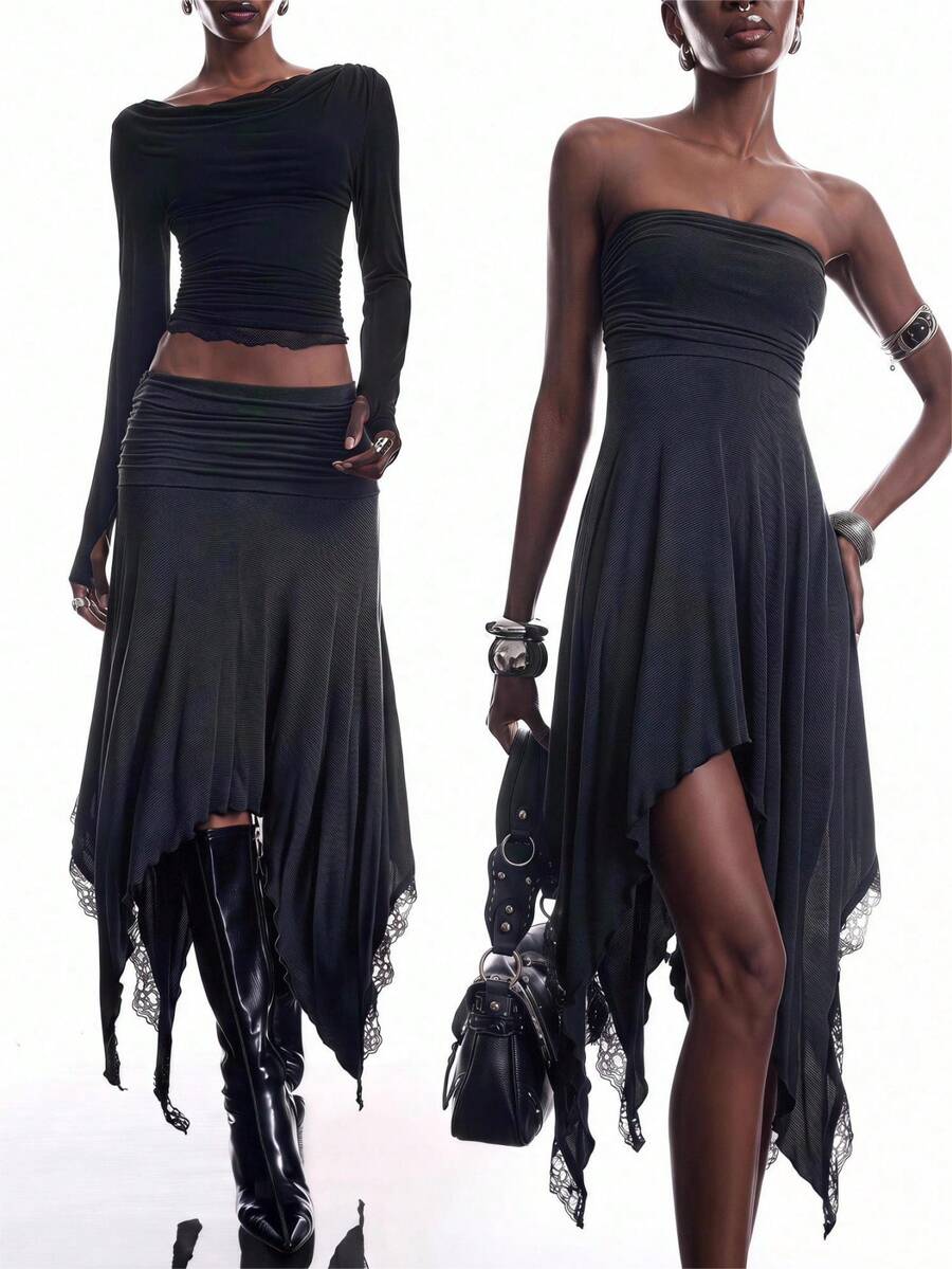 LYSMO Women's Solid Color Waist Pleated Contrast Lace Asymmetric Hem Fashion Skirt Everyday Night Blackness Summer Casual Grunge - Dark Grey - View 1