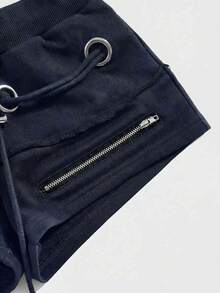 ROMWE Grunge Punk Y2K Retro Distressed Metallic Grommet Lace-Up Super Low Rise Mini Shorts - Dark Grey - View 4