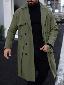 Manfinity Homme 男士秋季休閒雙排扣繫腰風衣 - 軍綠色 - 查看 7