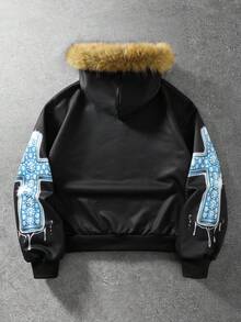 ROMWE MEN Men's Visual Style Cross Skull Gothic Print Streetwear Sweatshirt Fur Hooded Sweatshirt - Black - View 3