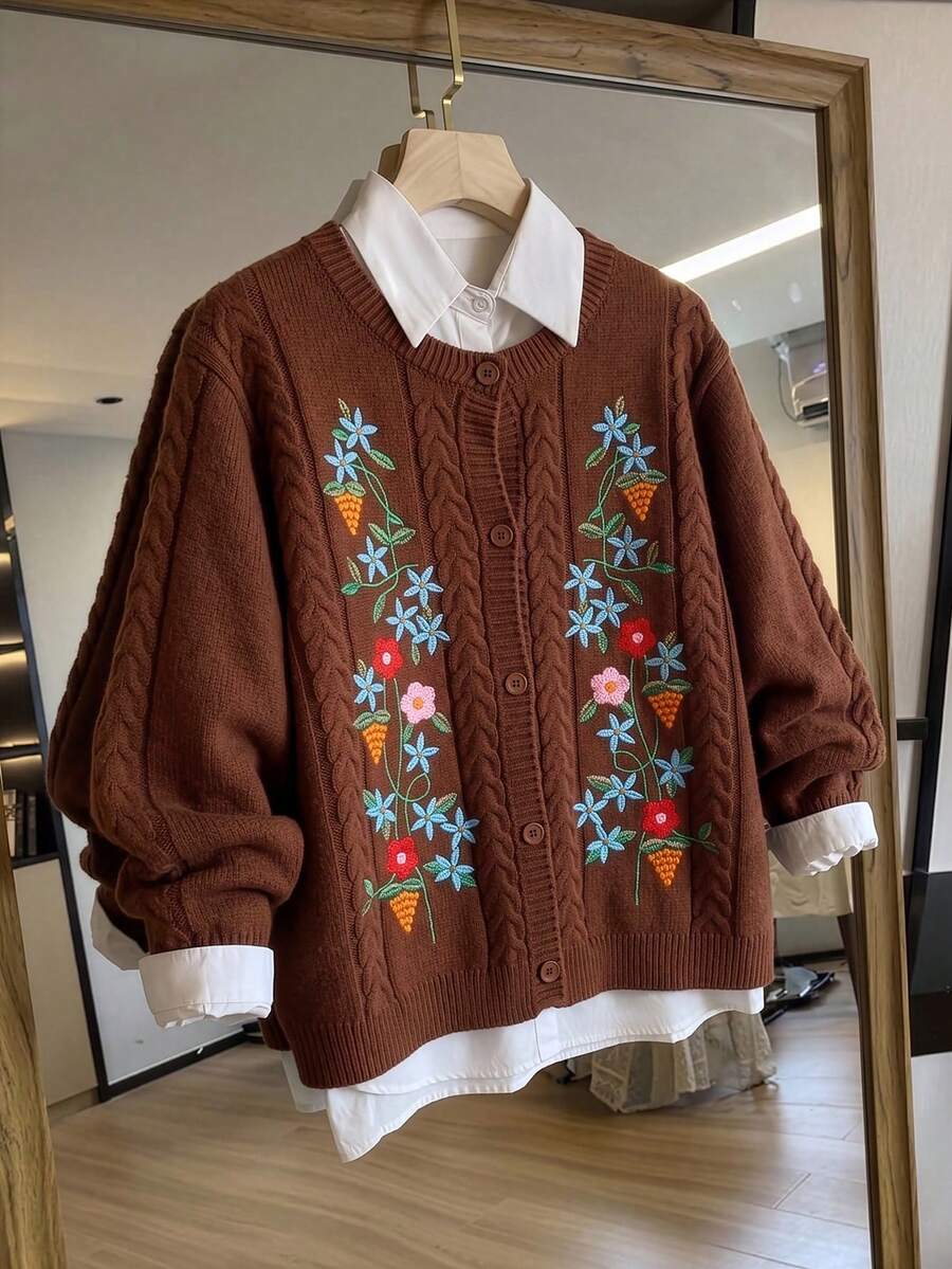 GlowEve CURVE Plus Size Women's Floral Print Casual Versatile Daily Wear Cardigan - Coffee Brown - View 1