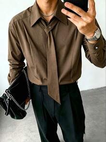Resyla Men Men's Casual Commute Solid Color Tie Shirt - Brown - View 2
