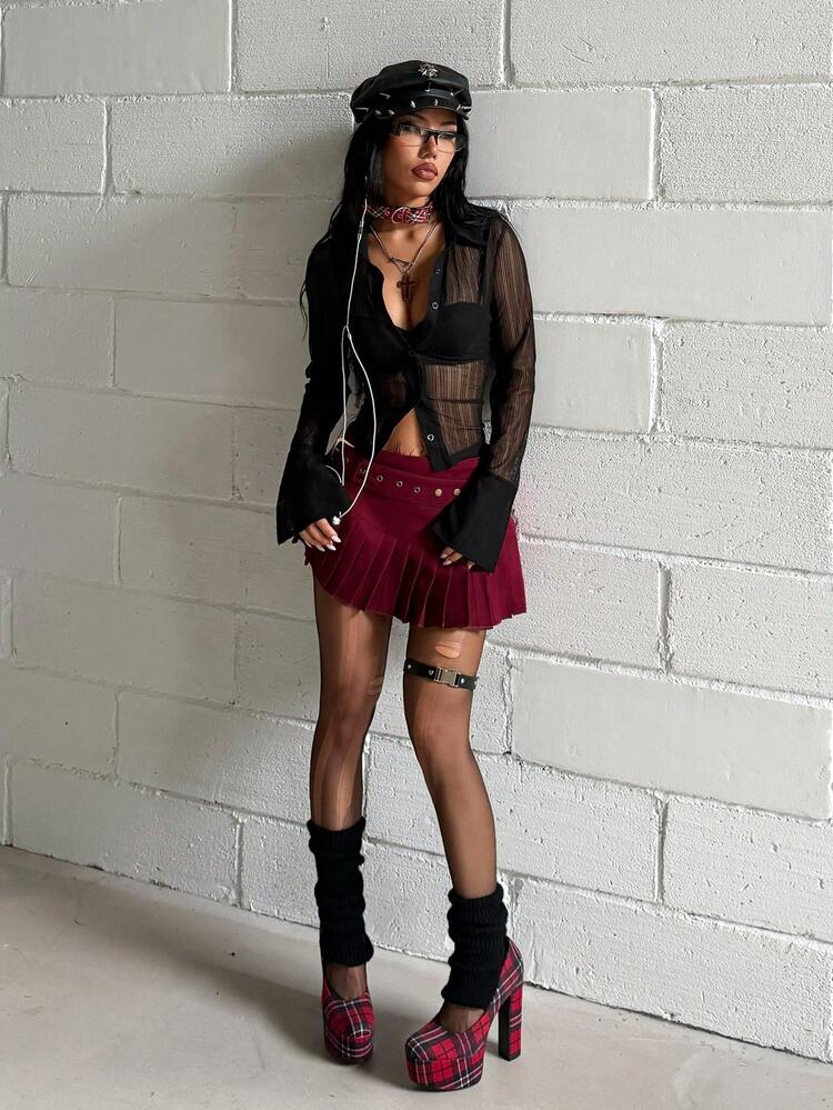 StreetHx Semi-Sheer Sexy Long Sleeve Striped Shirt - Black - View 5