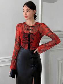 EastFlair Plus Size Women's Fashion Sexy Dragon Pattern Mesh Frog Button Top Autumn Date Night Brunch Cocktail Red - Red - View 4
