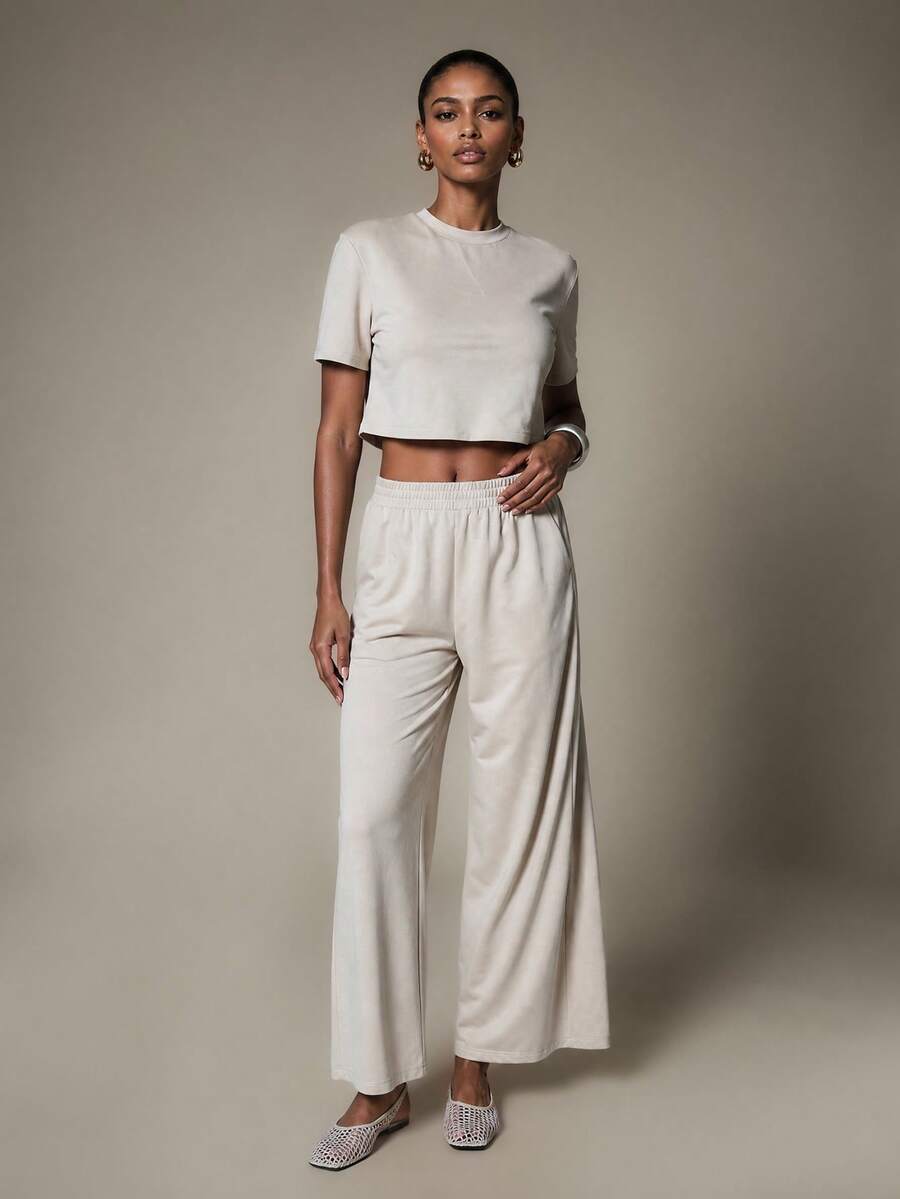 KSTM Relaxed Crop Top And Wide Leg Casual Basic Pants Co-Ord Set With ...