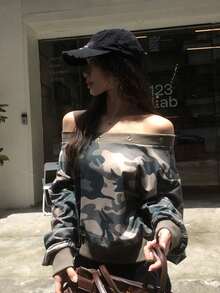 DAZY Off-Shoulder Long Sleeve Camouflage Print Army Green Button Decor Loose Casual Women's Sweatshirt Cute Tops - Army Green - View 5