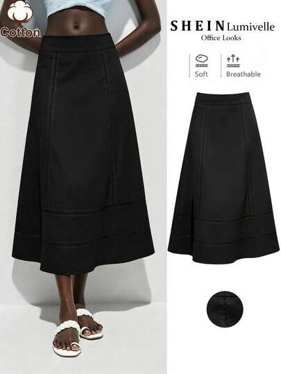 Lumivelle Falda de verano para mujer de unicolor con tacto de algodón y diseño calado en línea A