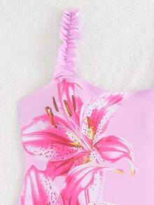 SHEIN Traje de baño de una pieza con tirantes finos y estampado floral, con falda de malla de unicolor para niña preadolescente - Multicolor - Ver 4