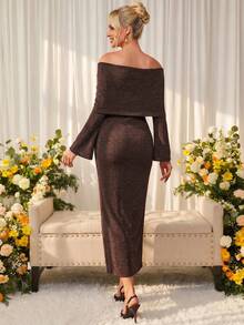 Loomaby Elegant Chic Casual Maternity Cold Shoulder Party Babyshower Baby Shower Photoshoot Dress For Women Gender Reveal Autumn Brown - Camel - View 8