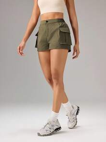 OutZeal Women Sports Shorts Gym Workout Back Elastic Waist With Pockets Cargo Shorts - Army Green - View 8
