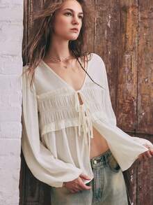SHEIN Women's Spring/Autumn Shirred Tie Puff Sleeve Blouse, Cream White Textured Fabric, Frill Trim Patchwork, Double Tie Front, Lantern 3/4 Sleeves, Boho - Apricot - View 4