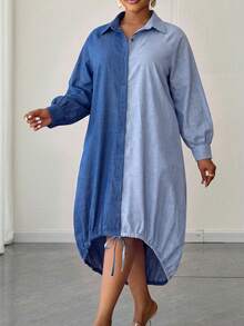 Maweii Gaun Kemeja Lengan Panjang Model High-Low Warna-Blok untuk Wanita Ukuran Plus, Musim Gugur - Biru - View 5