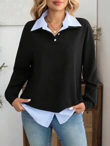 EMERY ROSE Women's 2 In 1 Patchwork Casual Preppy Versatile Daily Wear Long Sleeve Sweatshirt Blue And White Stripe Autumn Teachers' Day Office School - Black - View 6
